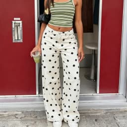 Women Polka Dot Jeans Y2K Print High Waisted Wide Leg Denim Pants Vintage Stretchy Boyfriend Jeans 90s Streetwear