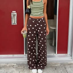 Women Polka Dot Jeans Y2K Print High Waisted Wide Leg Denim Pants Vintage Stretchy Boyfriend Jeans 90s Streetwear