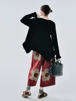 imakokoni Black Floral Applique Wide Leg Straight Cropped Pants Women's Pants Casual Female Clothing for Women