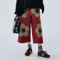 imakokoni Black Floral Applique Wide Leg Straight Cropped Pants Women's Pants Casual Female Clothing for Women