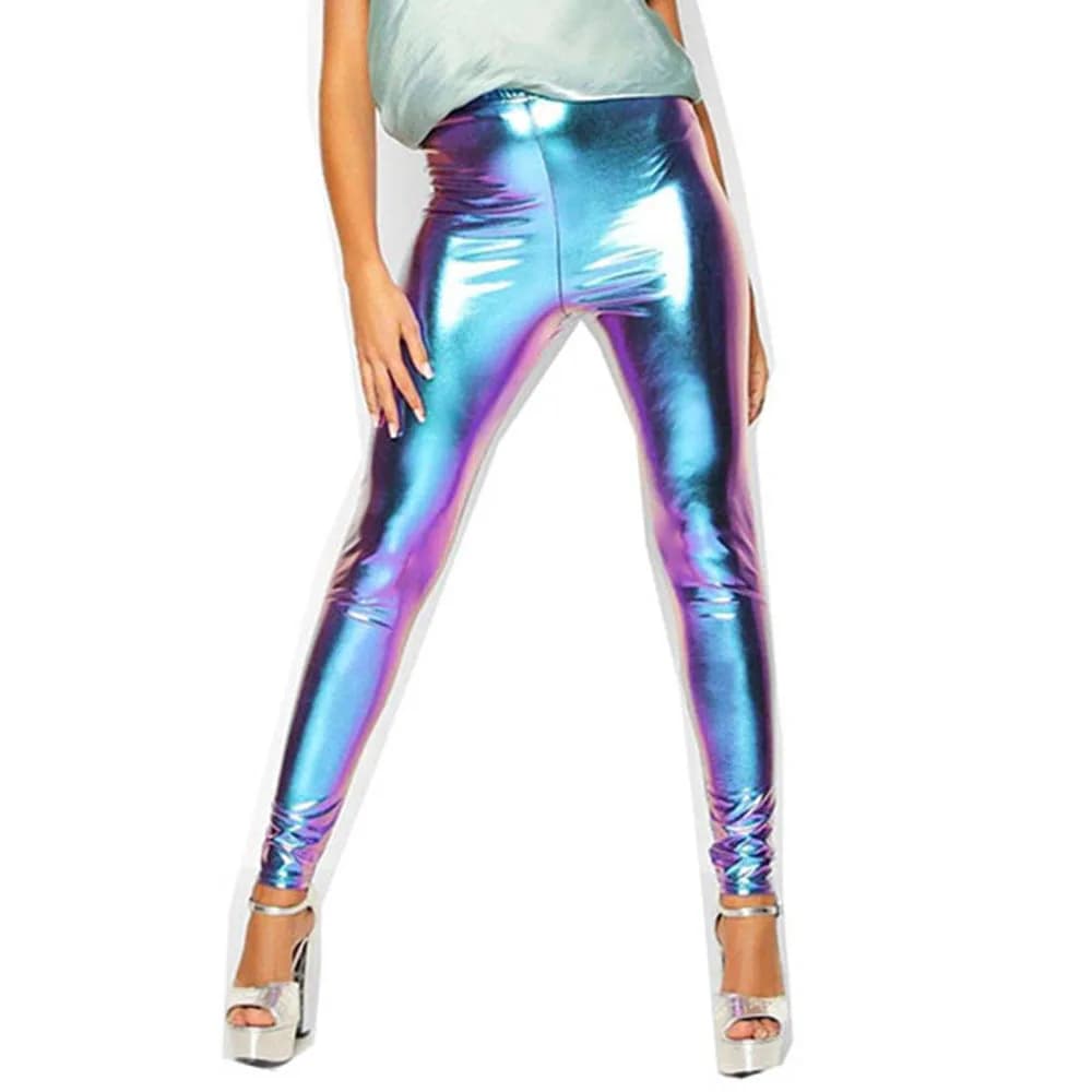 Women Shiny Laser Elastic Waist Pencil Long Pants Holographic Skinny Leggings Trousers Hip Hop Pants Party Club Street Casual