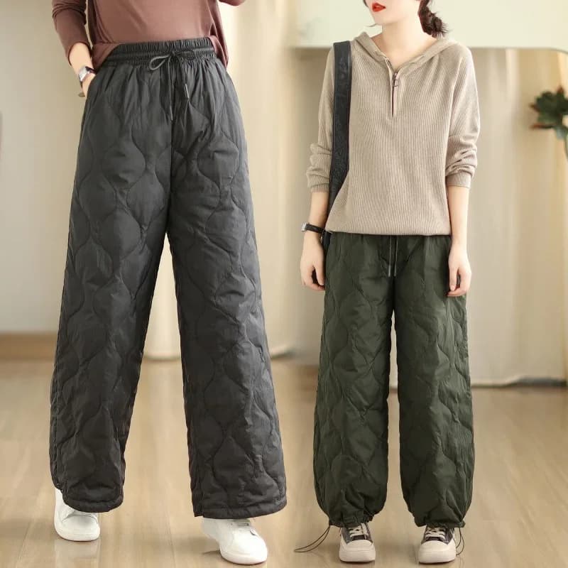 Women Winter Warm Down Cotton Pants Padded Quilted Trousers Elastic Waist Bloomers Solid Color Female Casual Wide Leg Sweatpants