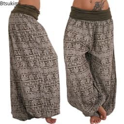 2026 Women's Fashion Elephant Print Yoga Low Waist Long Pants Loose Bloomer Trousers Bohemian Beach Trousers Vintage Harem Pants