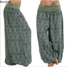 2026 Women's Fashion Elephant Print Yoga Low Waist Long Pants Loose Bloomer Trousers Bohemian Beach Trousers Vintage Harem Pants