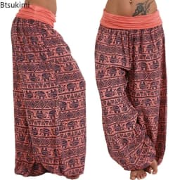 2026 Women's Fashion Elephant Print Yoga Low Waist Long Pants Loose Bloomer Trousers Bohemian Beach Trousers Vintage Harem Pants