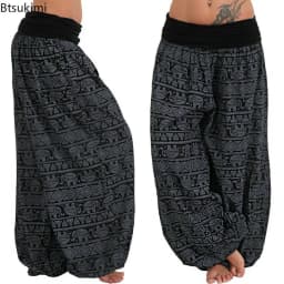 2026 Women's Fashion Elephant Print Yoga Low Waist Long Pants Loose Bloomer Trousers Bohemian Beach Trousers Vintage Harem Pants
