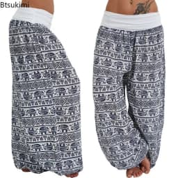 2026 Women's Fashion Elephant Print Yoga Low Waist Long Pants Loose Bloomer Trousers Bohemian Beach Trousers Vintage Harem Pants