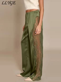 Casual Lace Satin Patchwork Pants Women See Through High Waist Lace Up Straight Trousers 2026 Spring Lady Solid Chic Trouser