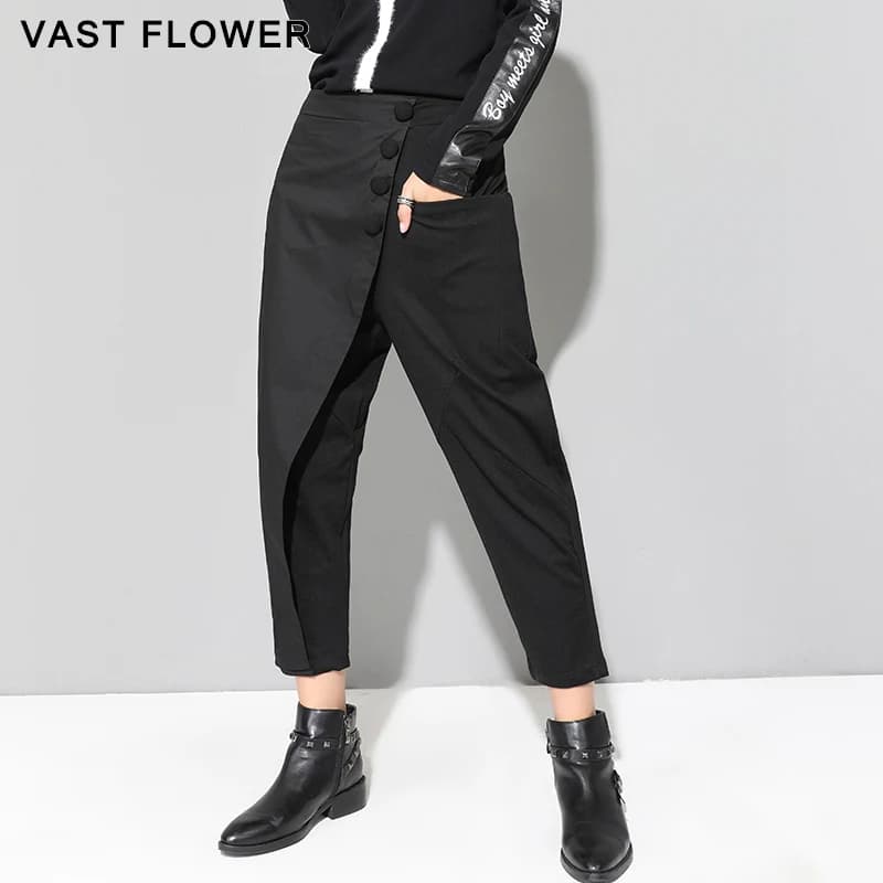 2025 Spring summer Black Patchwork Irregular Harem Pants Women Elastic high Waist Button Fashion Clothes Loose Casual Trousers