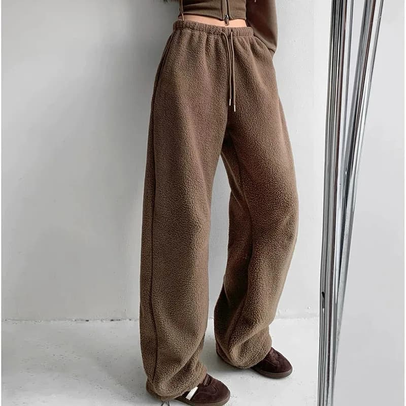 2025 New Polar Fleece Wide Leg Trousers for Women Oversize Style Loose Winter Thick Warm Sweatpants Y2K Vintage Thermal Pants