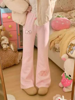 Autumn Design Slim Elastic Waist Bell-bottoms Kawaii Sweet Polka Dot Thin Embroidery Trousers Women Lovely Pretty Casual Pants