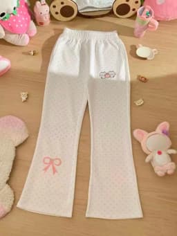 Autumn Design Slim Elastic Waist Bell-bottoms Kawaii Sweet Polka Dot Thin Embroidery Trousers Women Lovely Pretty Casual Pants