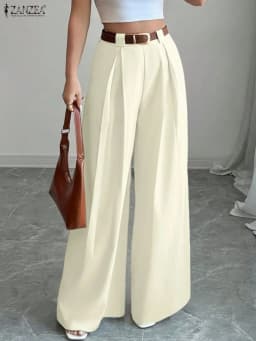 2025 ZANZEA Fashion Women Trousers Autumn High Waist Office Work Pant Elegant Wide Leg Pantalon Solid Pleated Palazzo Streetwear