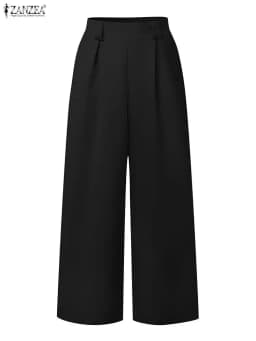 2025 ZANZEA Fashion Women Trousers Autumn High Waist Office Work Pant Elegant Wide Leg Pantalon Solid Pleated Palazzo Streetwear