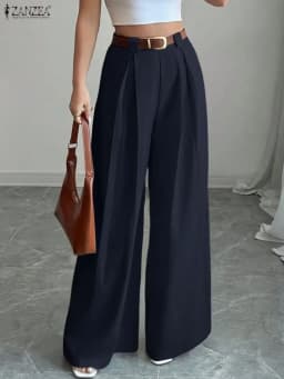 2025 ZANZEA Fashion Women Trousers Autumn High Waist Office Work Pant Elegant Wide Leg Pantalon Solid Pleated Palazzo Streetwear