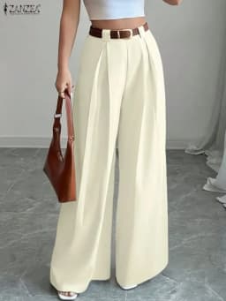 2025 ZANZEA Fashion Women Trousers Autumn High Waist Office Work Pant Elegant Wide Leg Pantalon Solid Pleated Palazzo Streetwear
