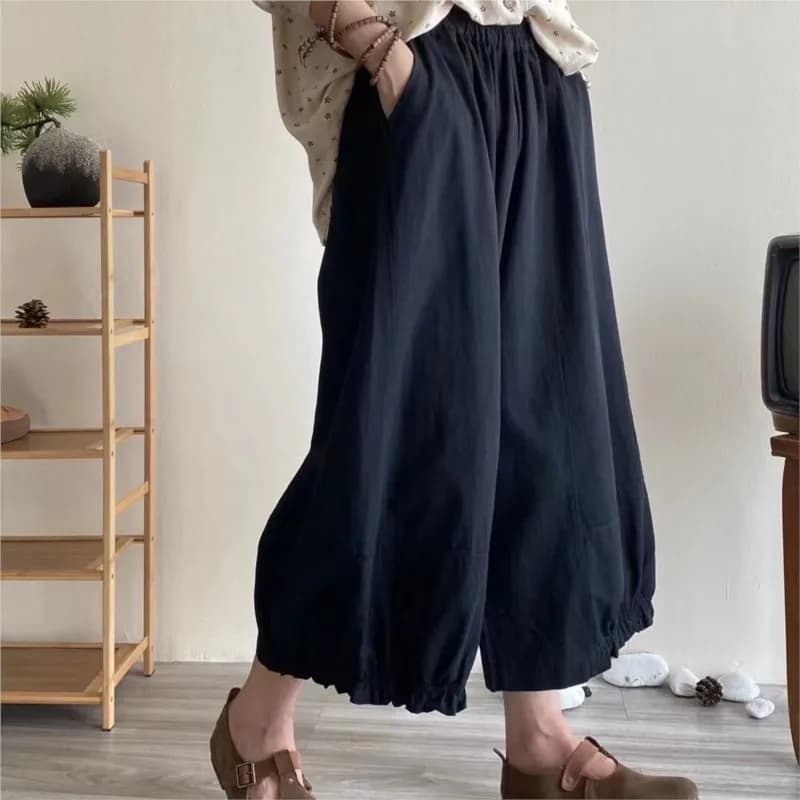 Johnature Summer New Cotton Bloomers Women New Japanese Solid Color Loose Versatile Elastic Pants Straight Wide-leg Pants