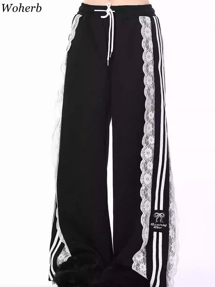 Autumn Chic Korean Loose Joggers Women Patchwork Lace Drawstring Sweatpants Y2k Pants Femme New Bottoms Casual Fashion Trousers