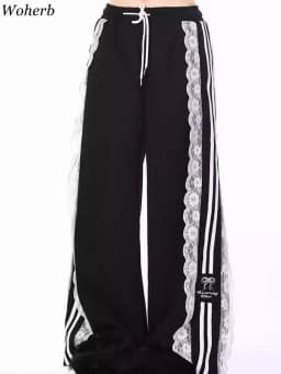 Autumn Chic Korean Loose Joggers Women Patchwork Lace Drawstring Sweatpants Y2k Pants Femme New Bottoms Casual Fashion Trousers
