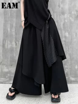 [EAM] High Elastic Waist Black Striped Irregular Wide Leg Pants New Loose Fit Trousers Women Fashion Spring Autumn 2026 1DF7892