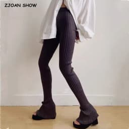 American Retro Wood Ears Cuff Ribbed Knitting Flare Pants Woman High Waist Stretch Slim Skinny Trousers Legging Bottom