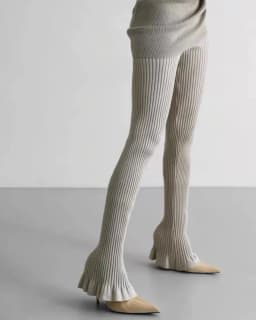 American Retro Wood Ears Cuff Ribbed Knitting Flare Pants Woman High Waist Stretch Slim Skinny Trousers Legging Bottom