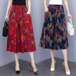 Hot New Summer Wide Leg Pants Women Ethnic Style Elastic High Waist Print Pants Female Casual Summer Calf-Length Pants Skirts