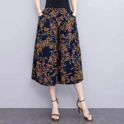Hot New Summer Wide Leg Pants Women Ethnic Style Elastic High Waist Print Pants Female Casual Summer Calf-Length Pants Skirts