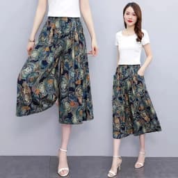 Hot New Summer Wide Leg Pants Women Ethnic Style Elastic High Waist Print Pants Female Casual Summer Calf-Length Pants Skirts