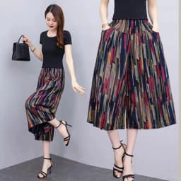 Hot New Summer Wide Leg Pants Women Ethnic Style Elastic High Waist Print Pants Female Casual Summer Calf-Length Pants Skirts