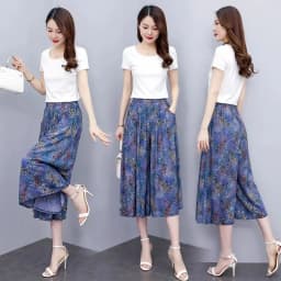Hot New Summer Wide Leg Pants Women Ethnic Style Elastic High Waist Print Pants Female Casual Summer Calf-Length Pants Skirts