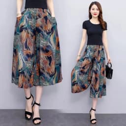 Hot New Summer Wide Leg Pants Women Ethnic Style Elastic High Waist Print Pants Female Casual Summer Calf-Length Pants Skirts