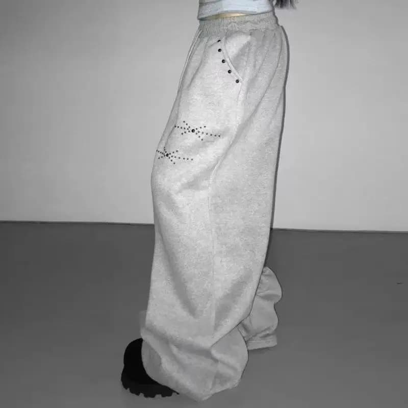 American Hip-Hop Retro Rivets Loose Wide-Leg Pants Women Black Gothic Casual Sweatpants Korean Jogging High-Waist Streetwear