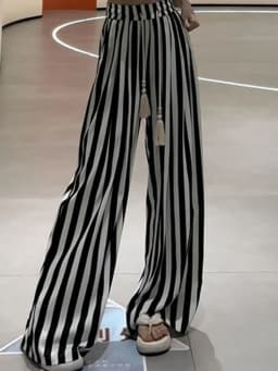 Korean Casual Striped Wide Leg Pants Women High Waist Elegant Straight Trousers Vintage Lace Up Female Spring Loose Pants