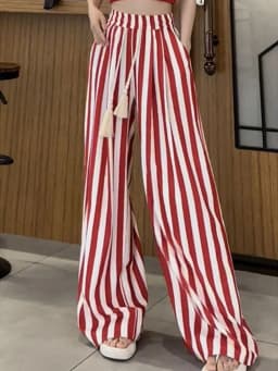 Korean Casual Striped Wide Leg Pants Women High Waist Elegant Straight Trousers Vintage Lace Up Female Spring Loose Pants