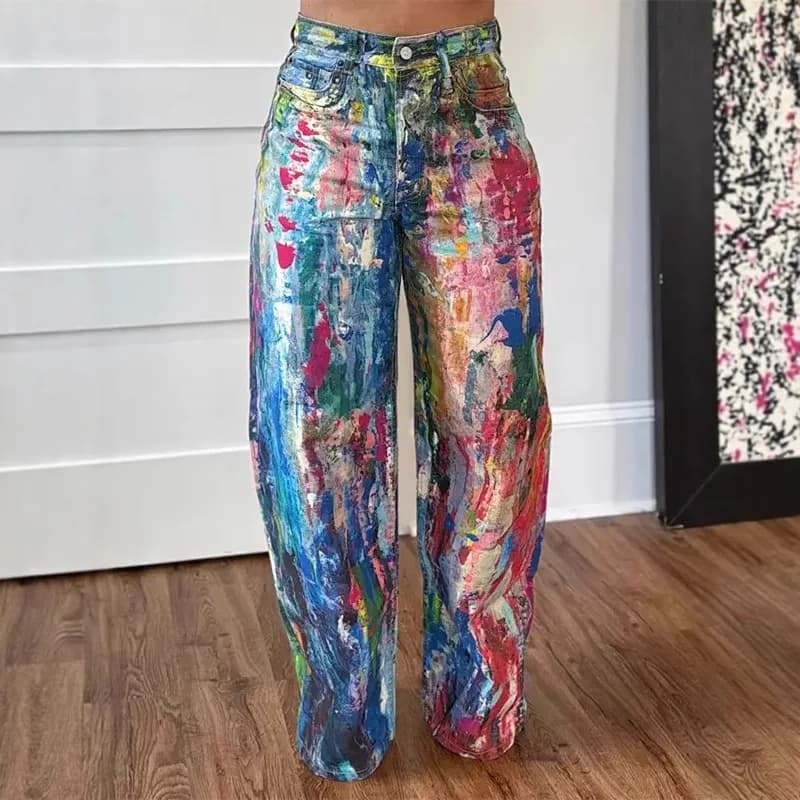 Denim Pant Women Jeans Wide Leg Long Pants Print High Waist Straight Trousers Y2k Streetwear Gothic Elegant Splice Work Casual