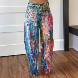 Denim Pant Women Jeans Wide Leg Long Pants Print High Waist Straight Trousers Y2k Streetwear Gothic Elegant Splice Work Casual