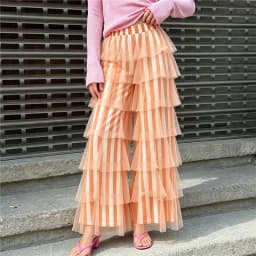 Y2K Vintage Women's Long Tiered Ruffled Tulle Pants High Waist Stripe Print Layered Mesh Wide Leg Palazzo Pants for Club Party