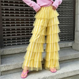 Y2K Vintage Women's Long Tiered Ruffled Tulle Pants High Waist Stripe Print Layered Mesh Wide Leg Palazzo Pants for Club Party
