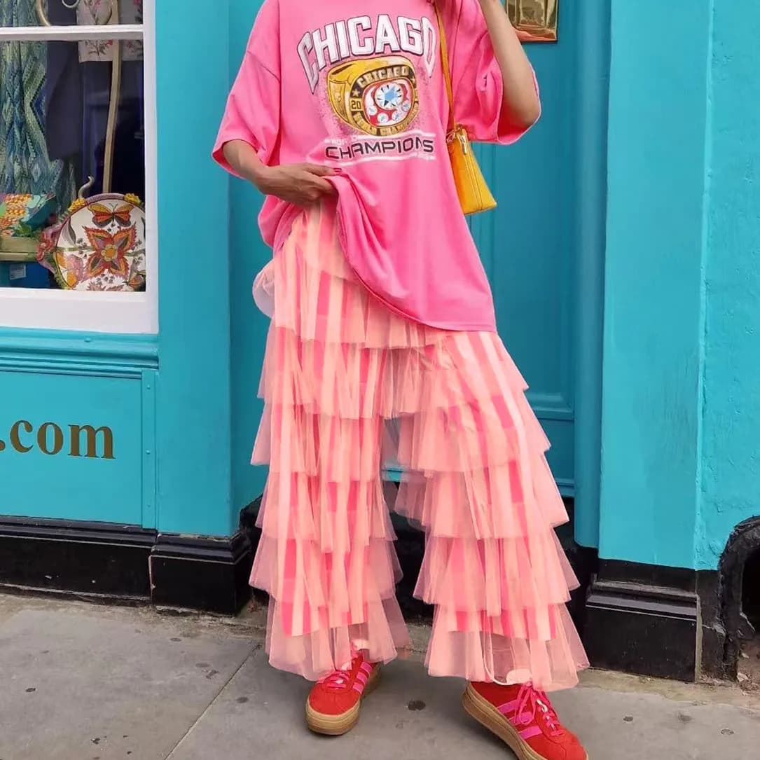 Y2K Vintage Women's Long Tiered Ruffled Tulle Pants High Waist Stripe Print Layered Mesh Wide Leg Palazzo Pants for Club Party