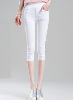 Women Stretchy Capris Pants Elastic Waist Comfy Skinny Cropped Jeans Pants Button Front Casual Breathable