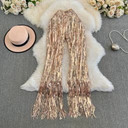 American Shinning Sequin Pantalones Mujer High Waist Tassel Solid Design Pants Women Straight Slim Wide Leg Pant Autumn Dropship