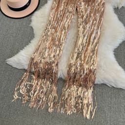 American Shinning Sequin Pantalones Mujer High Waist Tassel Solid Design Pants Women Straight Slim Wide Leg Pant Autumn Dropship