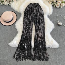 American Shinning Sequin Pantalones Mujer High Waist Tassel Solid Design Pants Women Straight Slim Wide Leg Pant Autumn Dropship