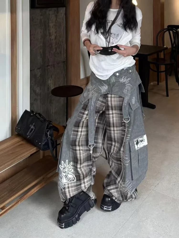 American Street Plaid Patchwork Gray Jeans for Women 2026 Loose Straight Wide Leg Pants Y2k High Waist Women's Clothing
