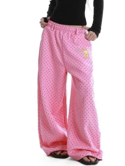 Cute Dot Letter Wide Leg Pant Women Sweet Preppy Style Loose Pink Trousers Female Casual Vintage High Waist Spring Summer Pants