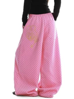 Cute Dot Letter Wide Leg Pant Women Sweet Preppy Style Loose Pink Trousers Female Casual Vintage High Waist Spring Summer Pants