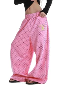 Cute Dot Letter Wide Leg Pant Women Sweet Preppy Style Loose Pink Trousers Female Casual Vintage High Waist Spring Summer Pants