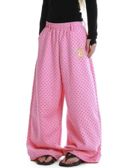 Cute Dot Letter Wide Leg Pant Women Sweet Preppy Style Loose Pink Trousers Female Casual Vintage High Waist Spring Summer Pants