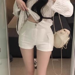 Sexy High Waist Slim Fit Short Pants Double Pockets Elastic Waistband Casual Workwear Hot Pants Milk White Straight Leg Trousers